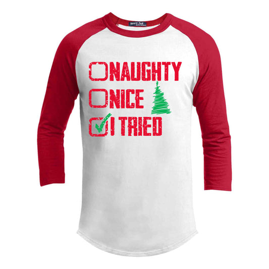 Naughty Nice I Tried Premium Youth Christmas Raglan